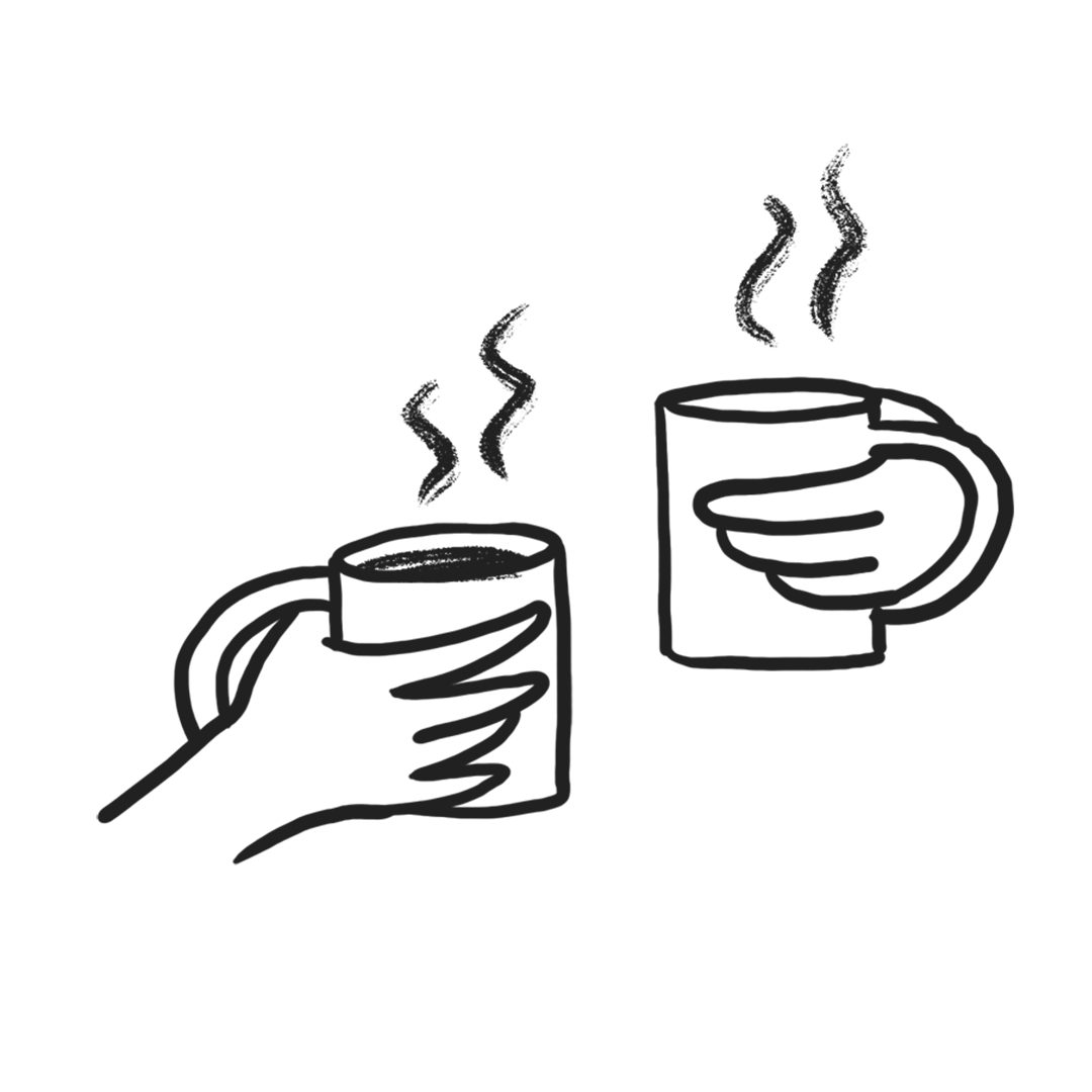 Two people's hands, both holding a steaming cup of tea saying cheers