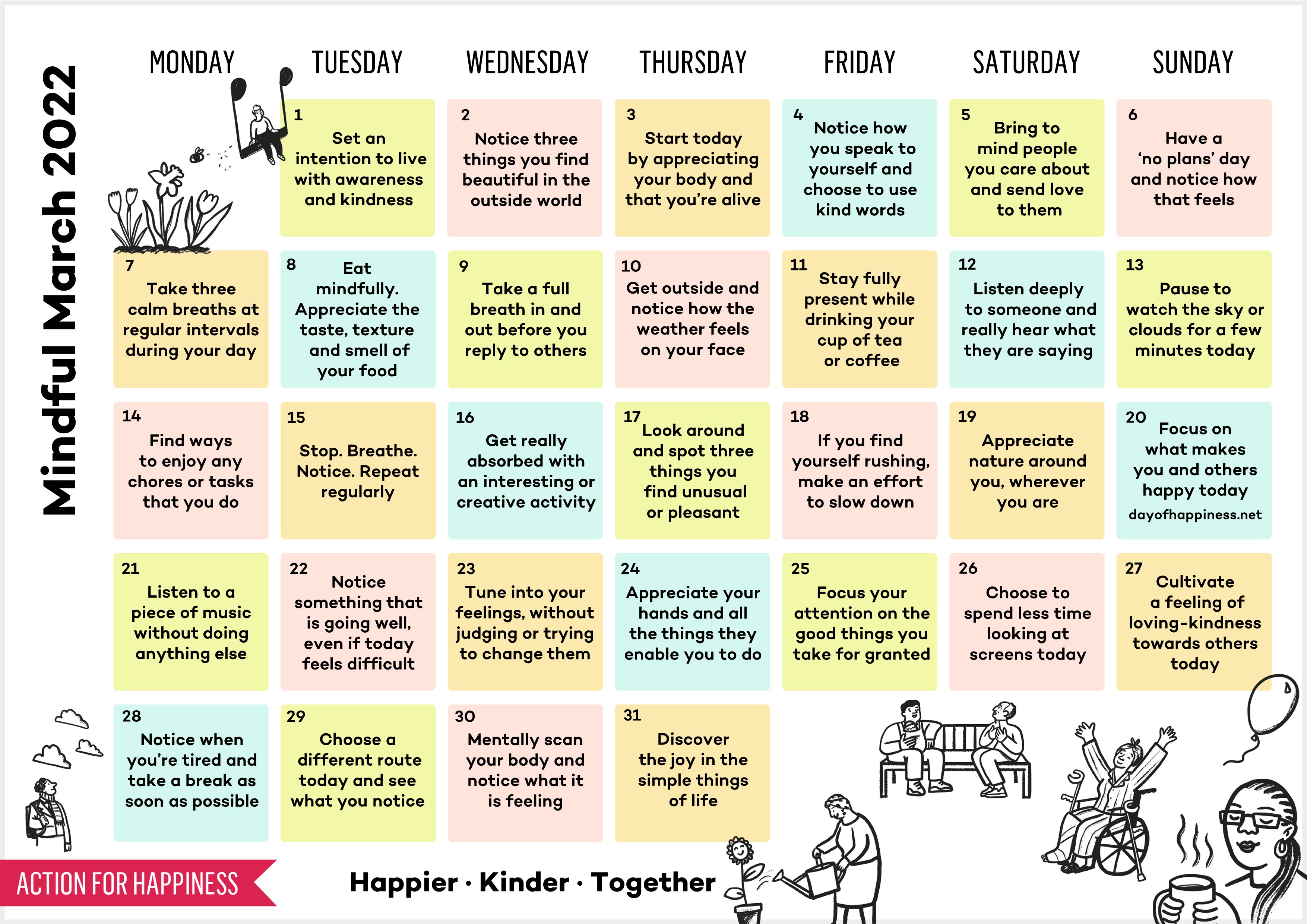 Kindness Calendar 2022 Mindful March | Action For Happiness