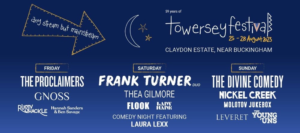 Banner image for Towersey Festival promoting headliners Bill Bailey, Tom Odell, Del Amitri