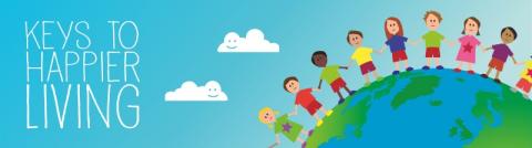 Illustration of children holding hands across the world, next to the words 'Keys to Happier Living'
